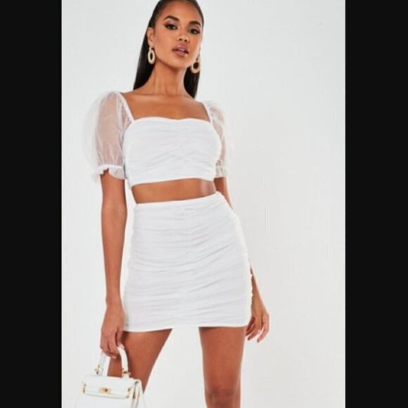 Missguided White Crop Top 6 Co Ord Tulle Ruched Puff Sleeve Bridal Bachelorette - Picture 1 of 1